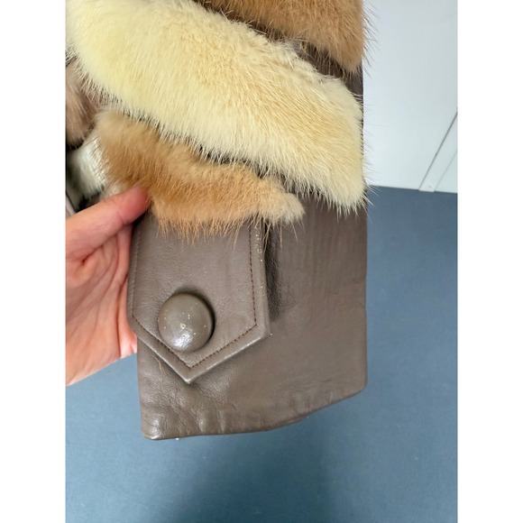 Vintage Goldstein's Fur Leather Coat Women Mink Chevron Belted Brown Cream - Picture 4 of 8